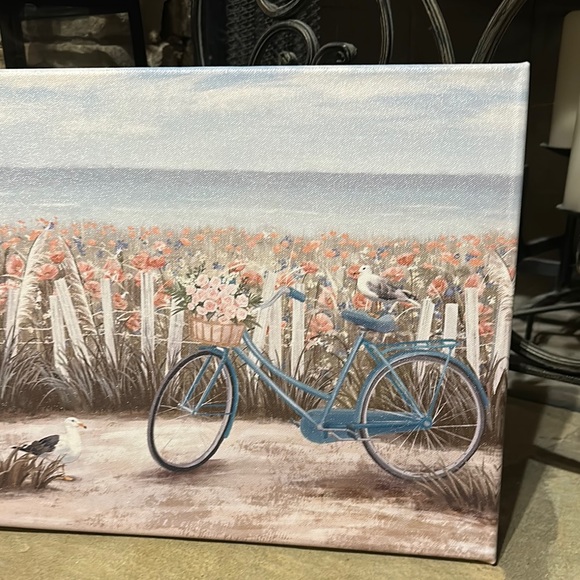 New Wrapped Canvas Scenic Beach Bicycle Canvas Art with Flowers - Picture 2 of 7